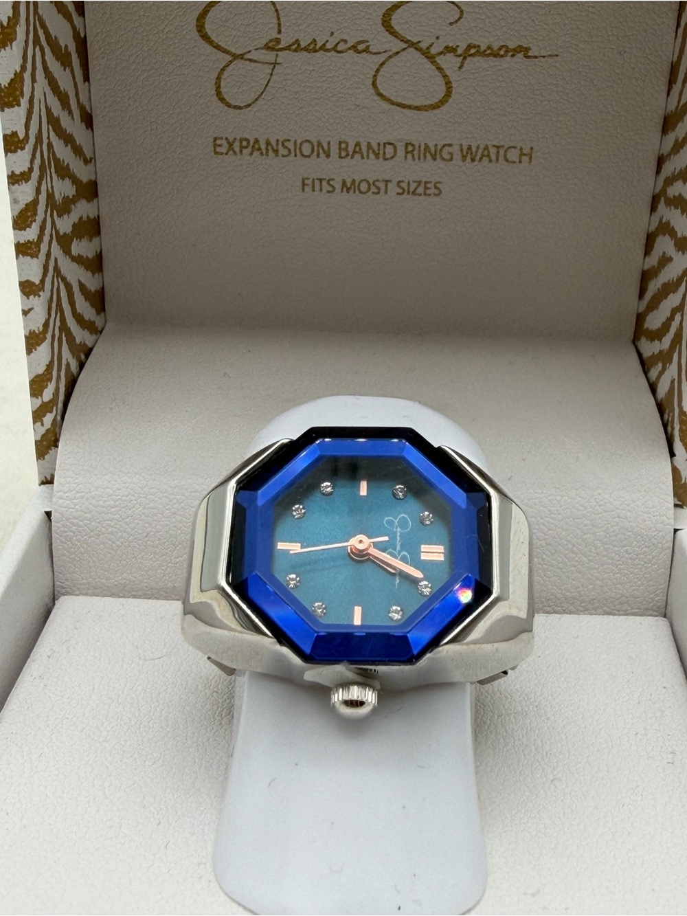 Jessica Simpson Blue Bezel Ring Watch with Silver Band
